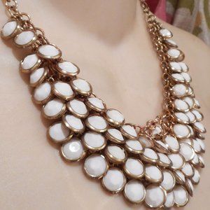 White Cluster Bead Dangle Bib Necklace in Goldtone & ER's! NEW